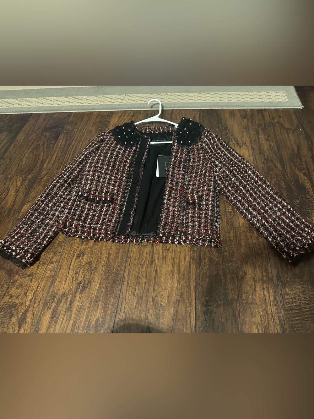 Zara Cropped Tweed Jacket with Pearl-Embellished Black Collar - Red/Black
